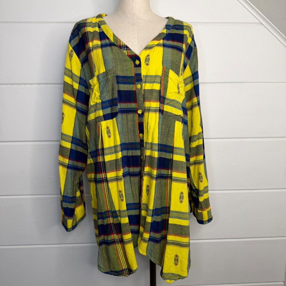 Roamans Womens 30W Yellow Plaid Embroidered Button Front Roll Tab Sleeve Tunic